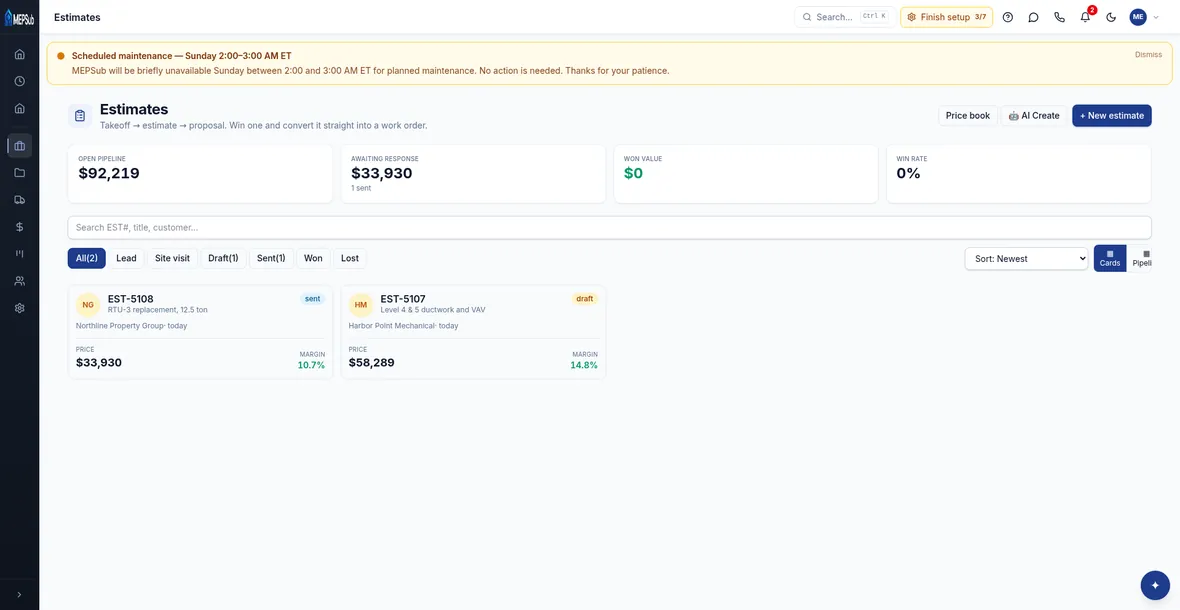 MEPSub estimating — priced estimate cards with margin