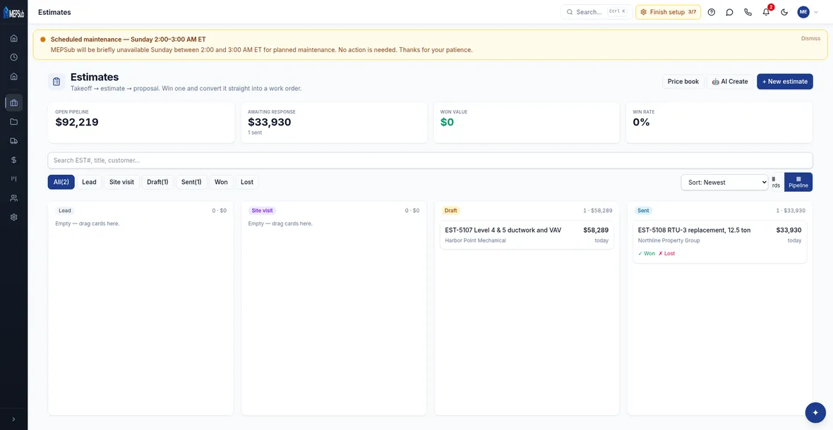 Estimates pipeline in MEPSub — takeoff to priced quote