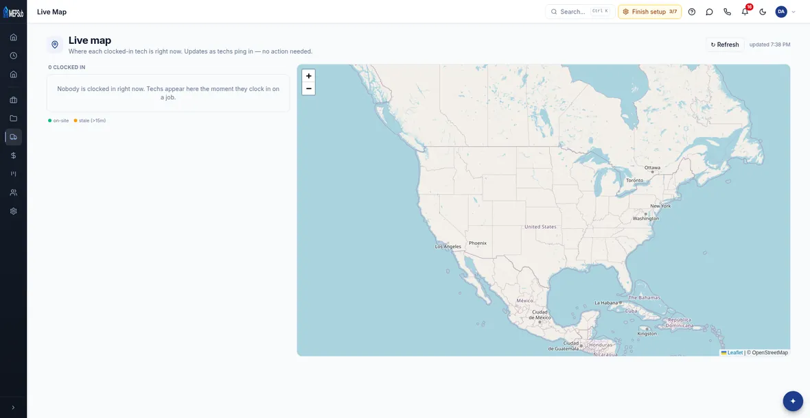 MEPSub live map — clocked-in field techs in real time